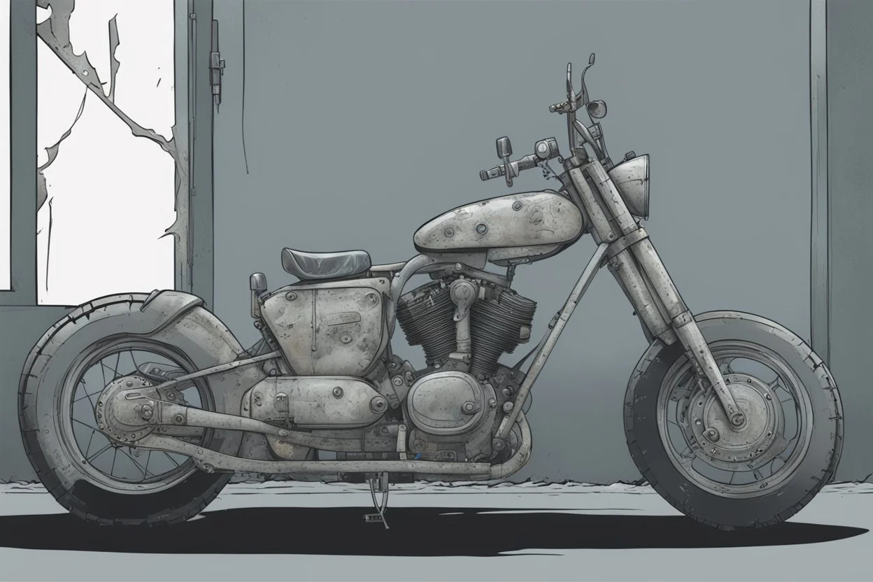 motorcycle, comic book,post-apocalypse, gray background,