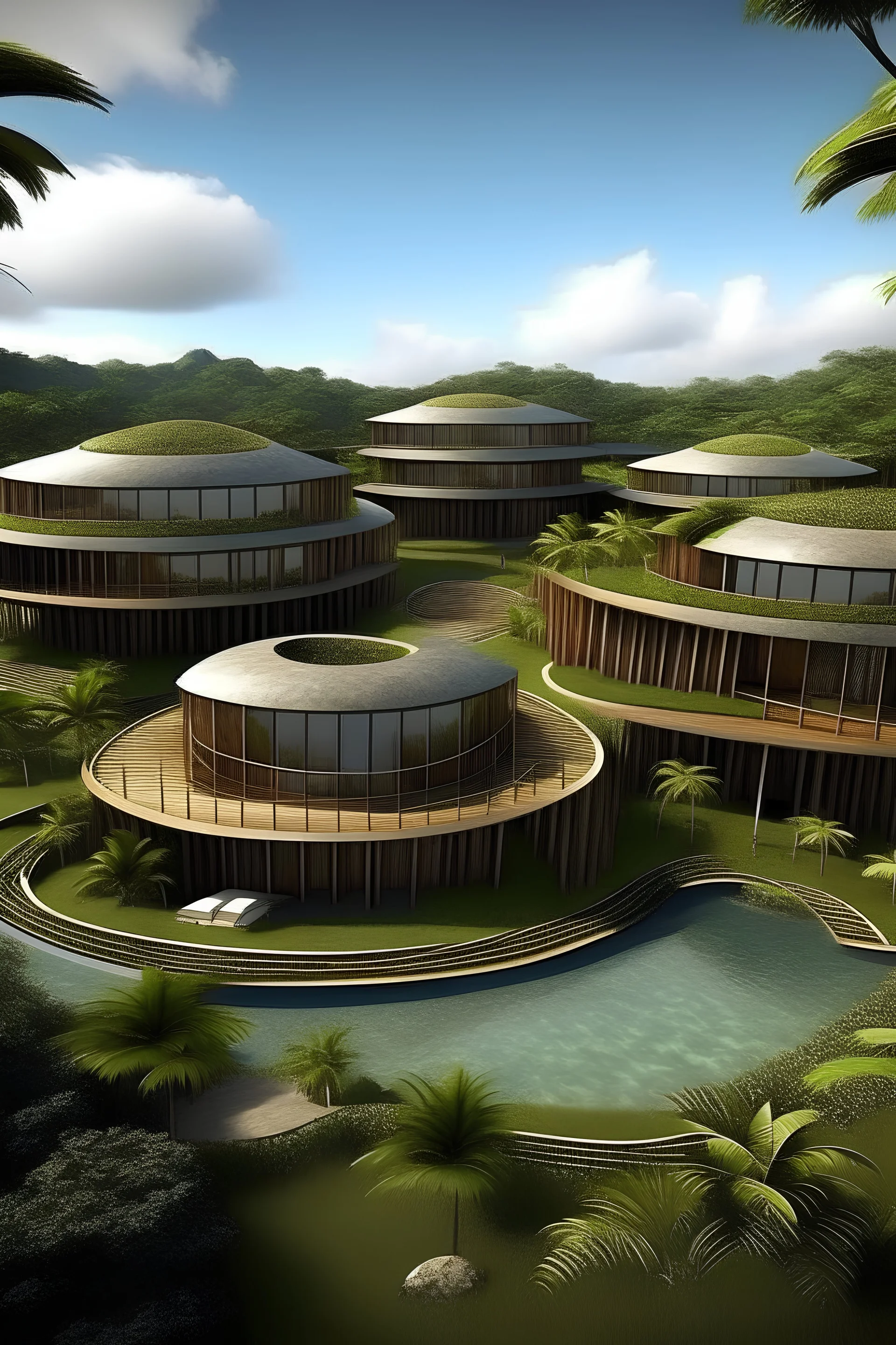 Hotel Resort Cinco Estrellas en la Orinoquía Colombiana con formas parabólicas en planta y alzado en tres niveles, para crear un oasis de lujo y exclusividad con guadua en el corazón de la Orinoquía colombiana, integrando la arquitectura con la naturaleza, riachuelos y morichale. Celebrar la cultura y la biodiversidad de la región a través del diseño y la decoración. Ofrecer una experiencia única e inolvidable a los huéspedes, combinando el confort y la sofisticación con la aventura