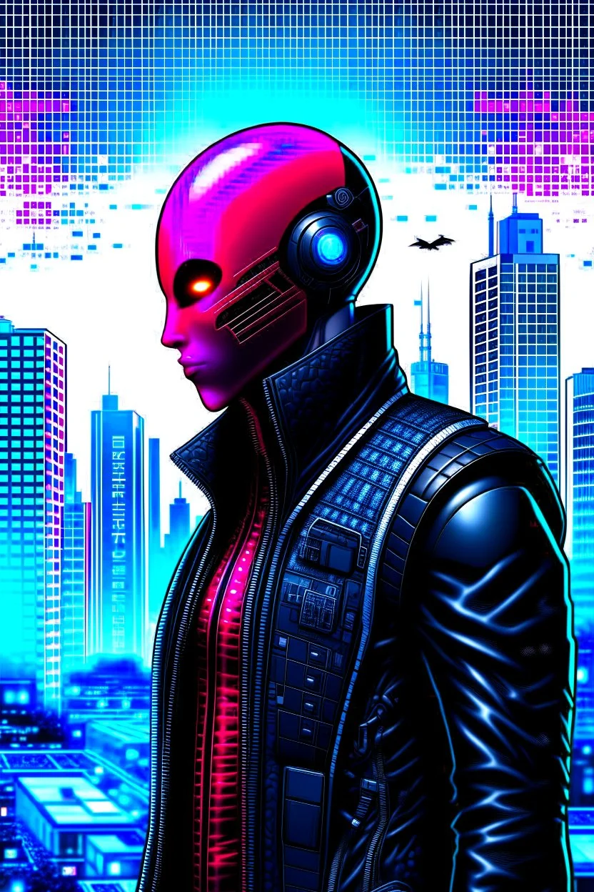 Retrato dibujo de contorno de Dragman, negro y rojo con traje cyberpunk, fondo ciudad