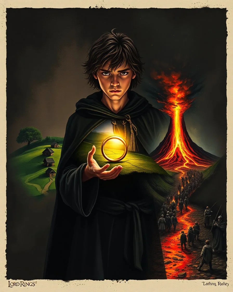 A dramatic, cinematic illustration of Frodo Baggins from "The Lord of the Rings," holding the glowing One Ring in front of him with a solemn expression. He wears a dark cloak, standing against a shadowy backdrop. Emerging from his chest is a surreal, split landscape: on one side, the peaceful Shire with lush green hills, hobbit holes, and a large tree; on the other, a fiery wasteland with Mount Doom erupting, lava flowing, and a dark army marching toward the volcano. Using rich textures and moo