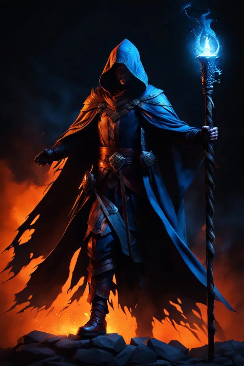 the bloody sorcerer known as The Shadow of Death carrying the staff of destruction. blue and orange. fantasy art, Cinematic lighting, Volumetric lighting, Epic composition,