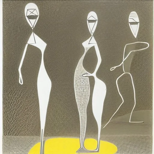 drawn in single line by Nicolai Blatter with hatch with parallel wavy lines metal engraving with african man dance procession in salvador dali style or picasso style