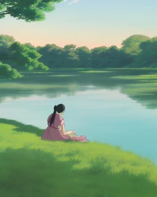 girl sitting by the river, green landscape with oversized trees, at dusk, ghibli