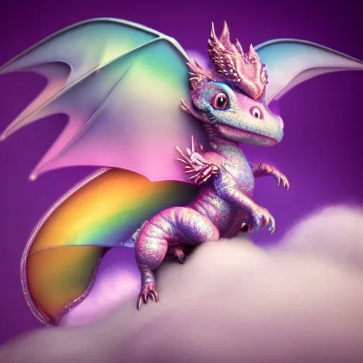 cute, adorable baby dragon with glittery scales and iridescent wings sitting on a cloud of cotton candy, muted rainbow colors, intricate, fine detail, 8k, sharp, crisp, high-quality, 3d octane render, brian froud, howard lyon, selina french, anna dittmann, lisa parker, greg rutowski, alphonse mucha