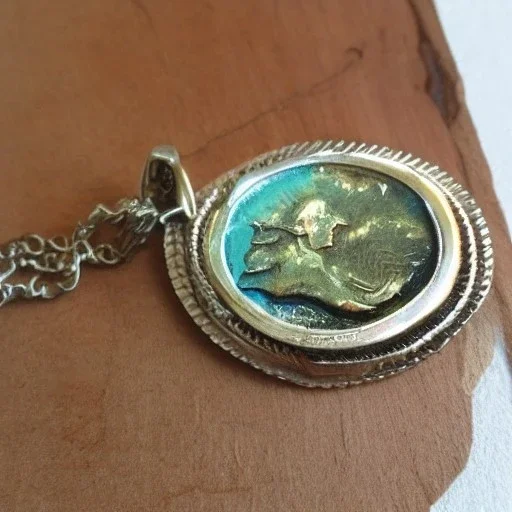 pendant, two conjoined silver coins, watercolor, large strokes, illustration, fantasy