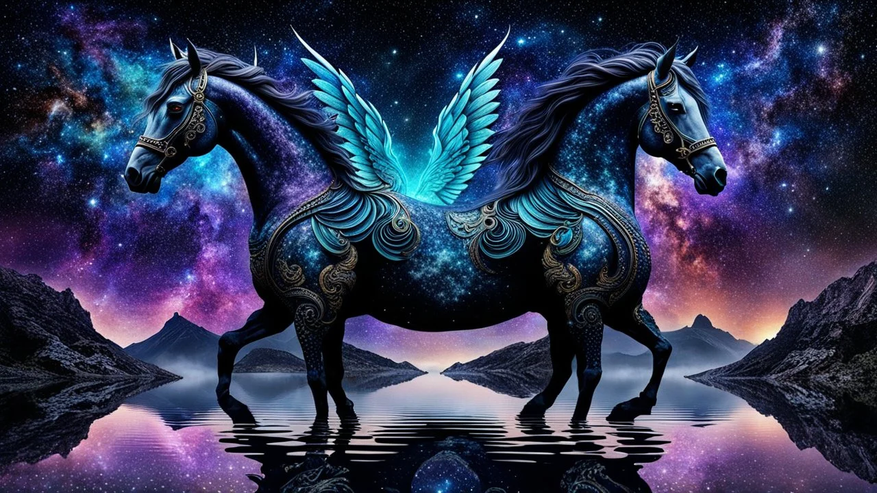 horse-dragon stunning weird hybrid , ghostly wings, symmetrical, galaxy, stars, dark material, rocks, reflections, fantasy, sci-fi, detailed, masterpiece intricate detail, deep colors, hight textures, glitch, metallic shine, sharp focus, 64 megapixels, surreal fantasy mood