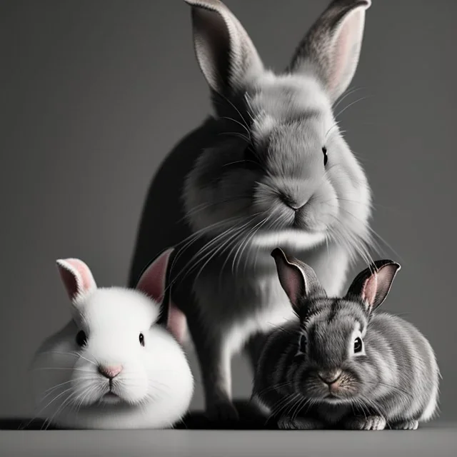 image with 3 animals: 1 grey rabbit + 1 black and grey rabbit + 1 red-headed cat