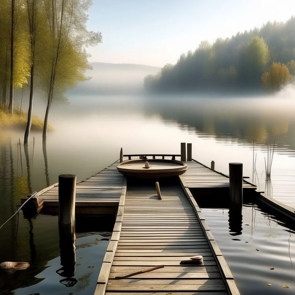 Generate a serene lakeside scene with a wooden dock stretching out into the water. Include a rowboat with oars resting beside it and a peaceful mist rising from the lake."