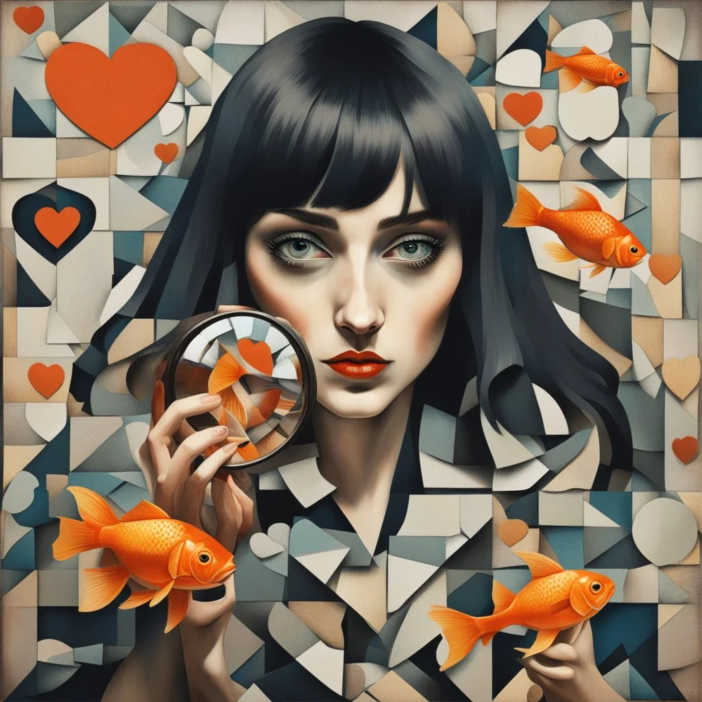 Cubist collage, surreal fragmented composition, oddly proportioned English woman with dark straight haired with bangs holding a magnifying glass making one eye large, cutout hearts and goldfish, 2.5D, fragmented tiles, moody, sinister whimsey, duotone