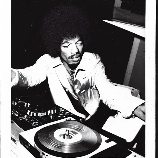 Jimi Hendrix at a turntable with headphones on being a DJ, cigarette