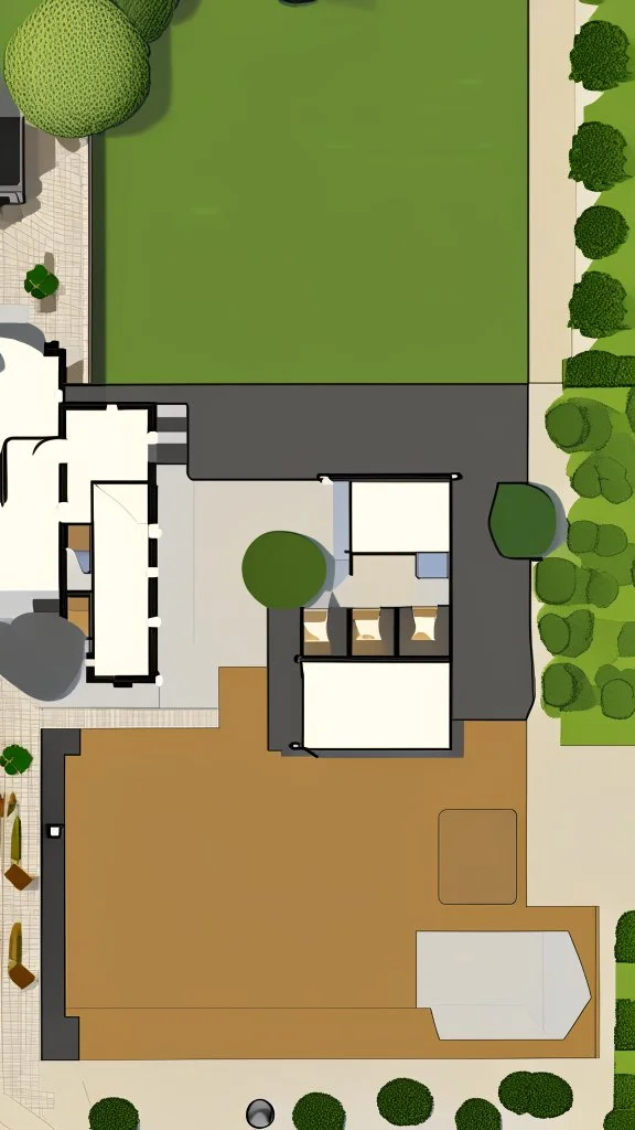 Make a floorplan of a back and front garden using the image as inspiration