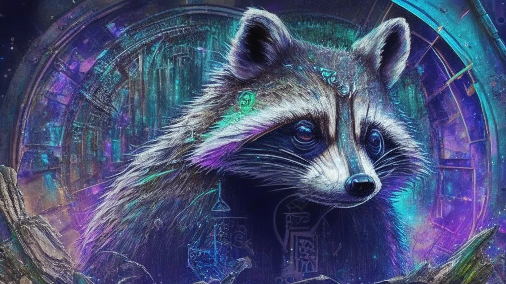 Graffiti trash panda; neo-surrealism dystopian eldritch elegant fantastical intricate hyperdetailed holographic magnificent meticulous mysterious ominous