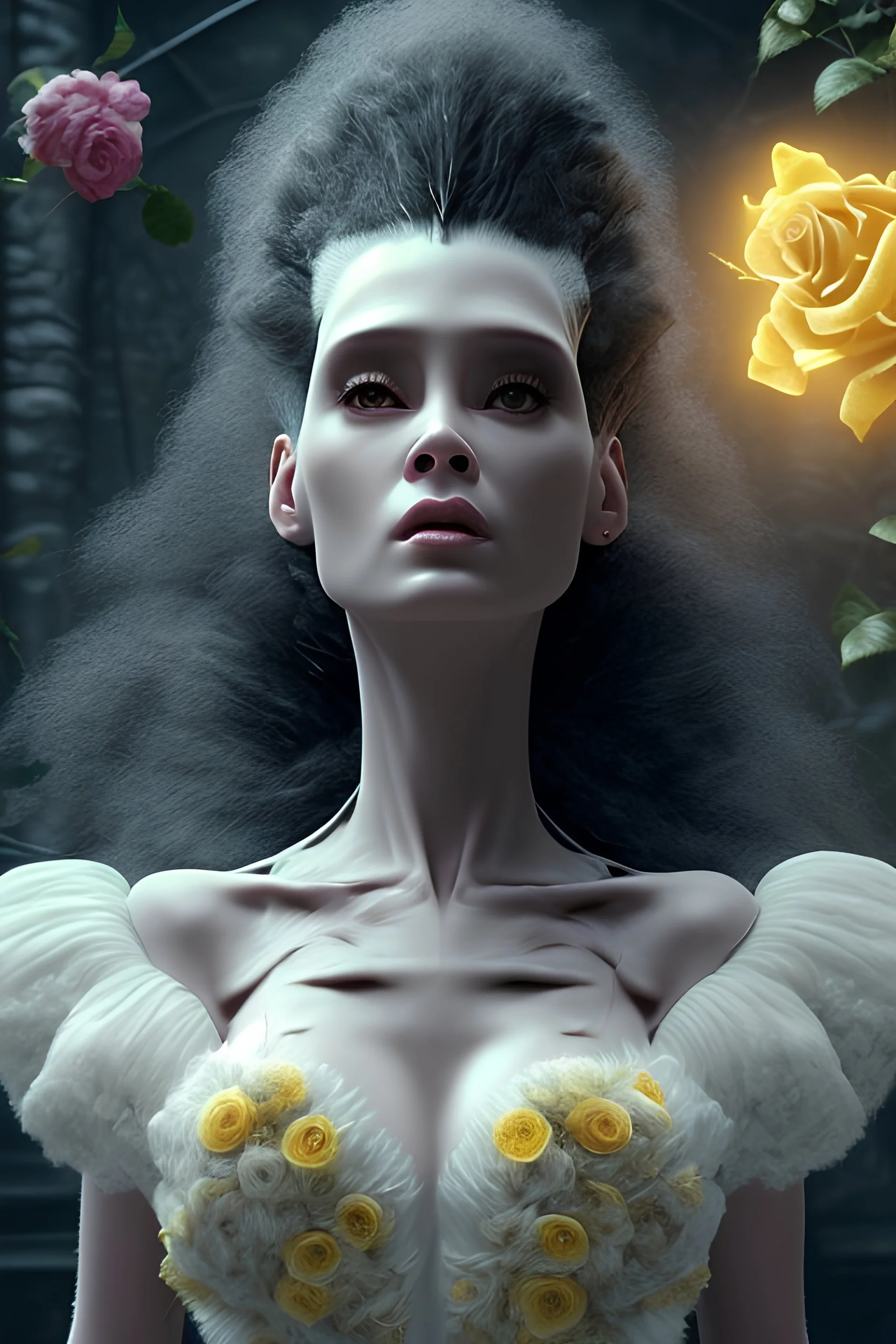 4K Ultra-HD, Hyper realistic, cinematic lighting -- the bride of Frankenstein , short, bowl-cut black hair, dead eyes, Yellow skirt, blue blouse with short poofy sleeves, extremely pail skin, wilted Rose pedals, gloomy, foggy, Castle, Full body image -- 4k, stunning, dramatic lighting, dramatic background, cinematic, atmospheric, very detailed, historic, powerful, octane rendering, exquisite detail, 30 - megapixel, 4k, 85 - mm - lens, sharp - focus, intricately detailed