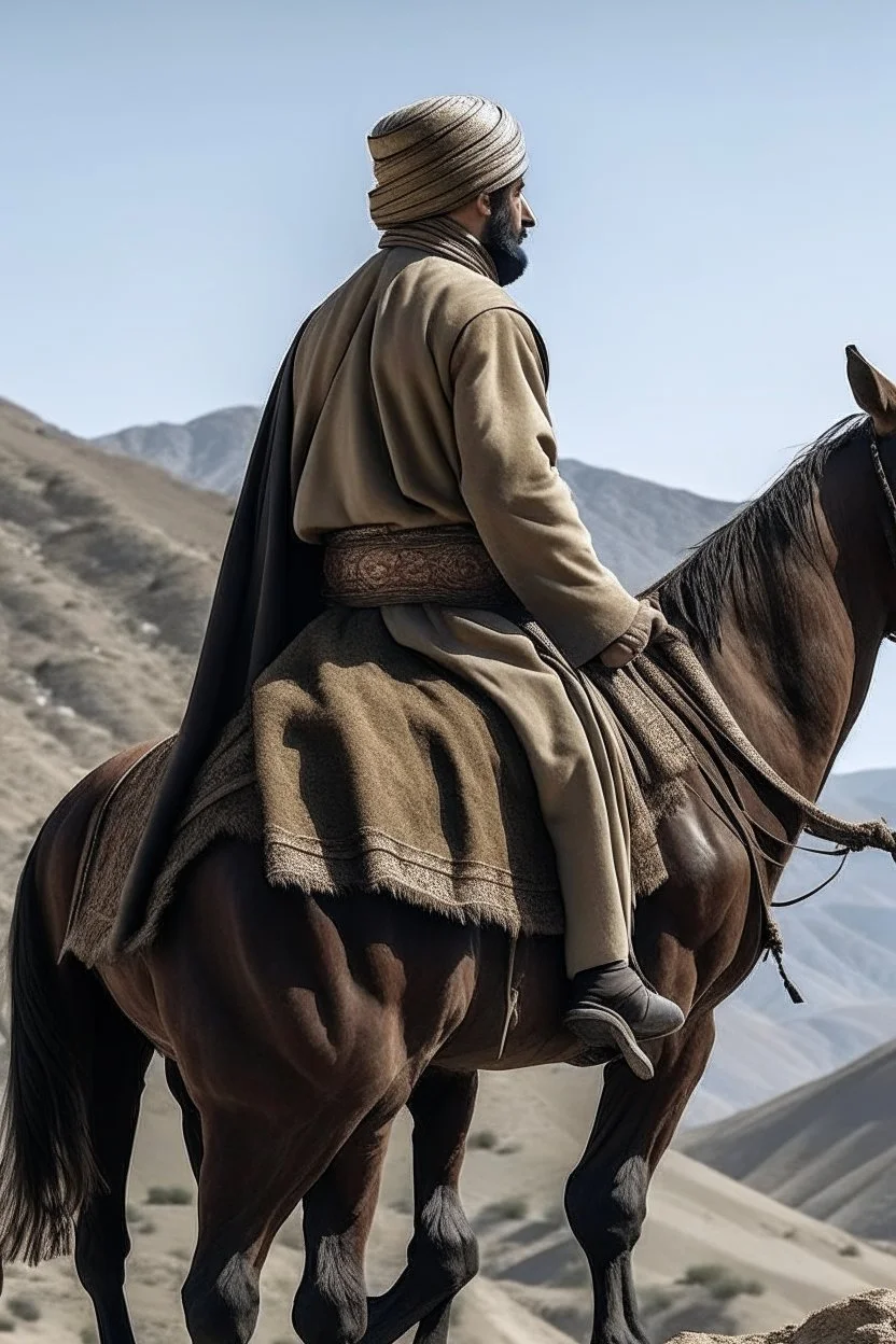 A general in Arab clothing standing with his back on a mountain with a horse beside him