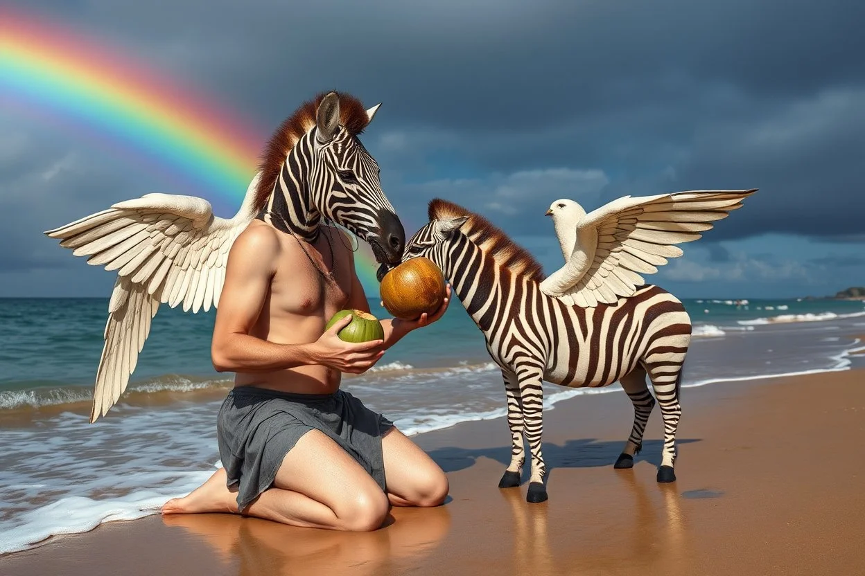 Charon on his knees on the shore holding feeding zebra coconut wearing crying angel zebra holding his head with rainbow background