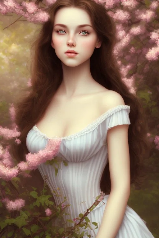 Beautiful Girl in the garden, 18 century, brunette, literally dark hair, dark eyes, fat, smell of sakura, rest