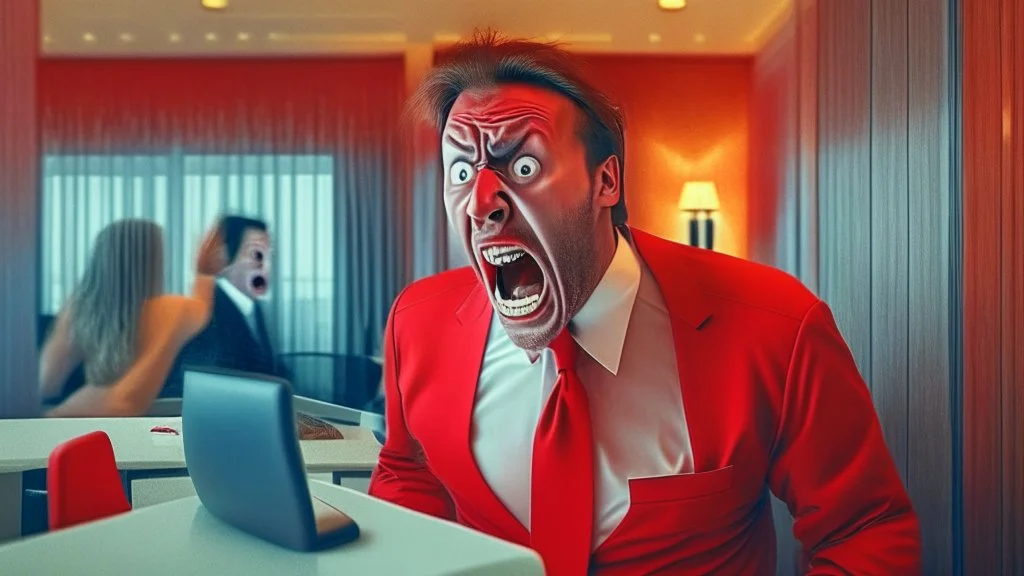 Hotel owner at front desk screaming at someone on the phone very red faced and almost crying while guests and other workers look afraid of him