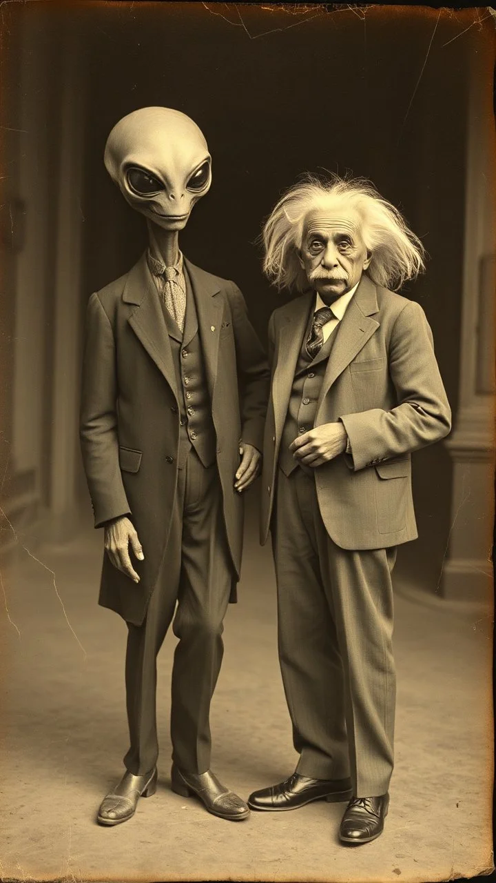 An old picture style of white and brown and very bad quality old Kodak camera with cracks of Einstein standing with an Alien who is wearing a suit, the year 1900