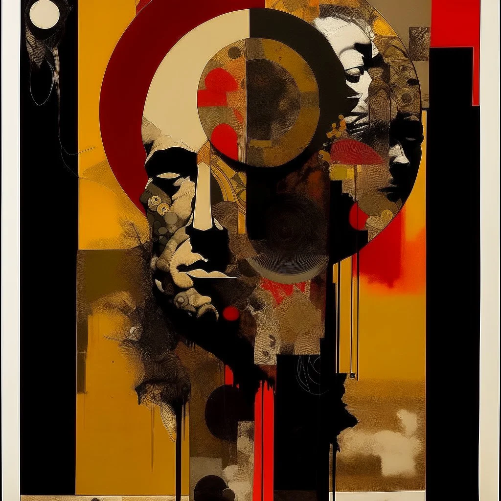 Strychnine totem, abstract surrealism, by Ray Johnson and Dave McKean, silkscreened mind-bending illustration; warm colors, off-centered fragmented composition, multiple stages of grief, dark shines war,