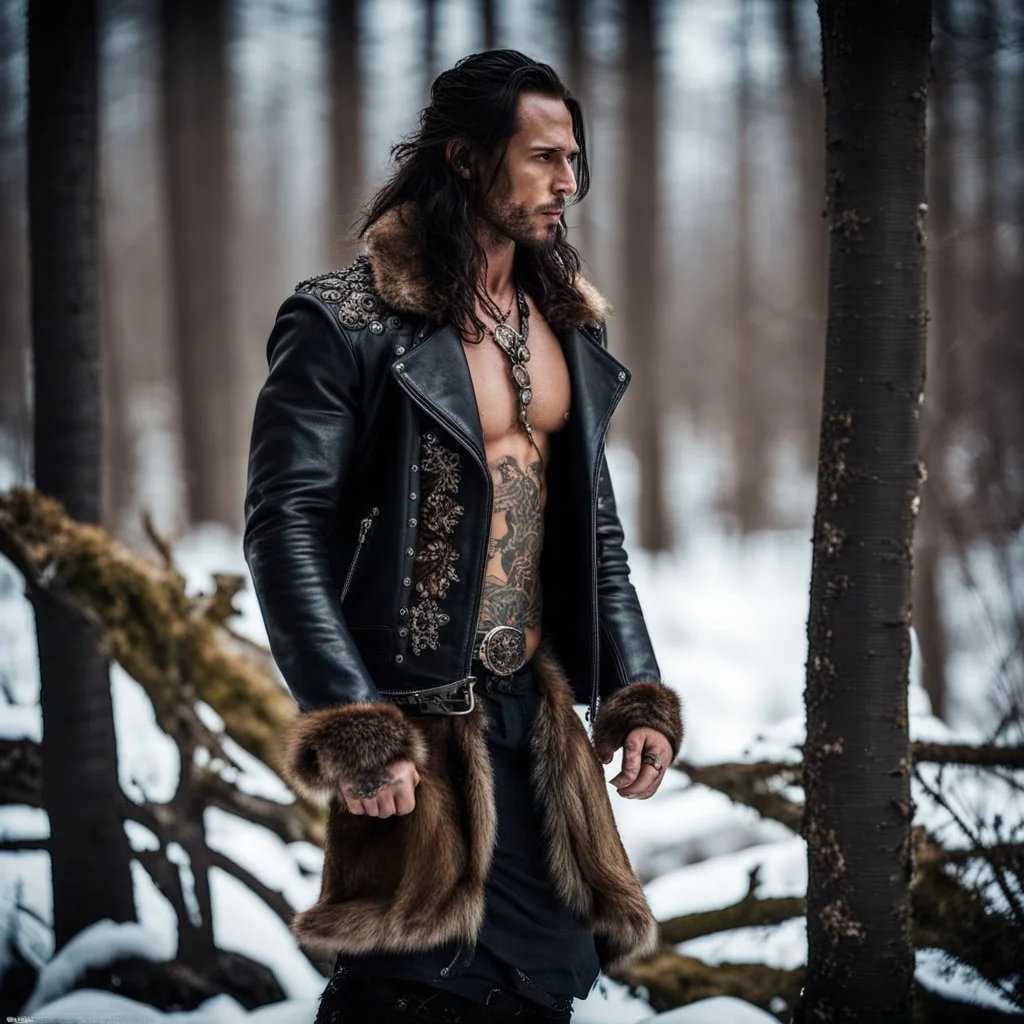 Handsome and muscular 30 year old mountain man with long hair and tattoos, wearing furry leather jacket, dark fantasy, snowy forest