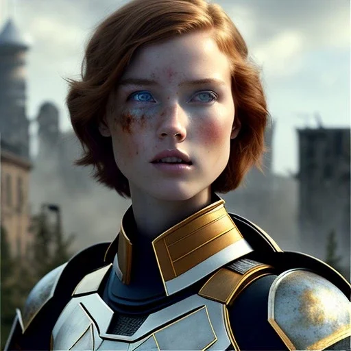 ultrarealistic, ruined city,__sci-fi armor__, __angles__, 18 year old woman, strikingly beautiful, ginger hair, _colour_, [__starlets__|__starlets__], (pale __skincolor__ skin:1.2), __camera__, _hair_, detailed face and eyes, medium breasts, leather choker, freckles, dynamic pose, resolved expression, __accessory__, strappy outfit, (straps:1.1), sword in scabard on left hip, (buckles, buttons, snaps, rings:1.0), haltertop style breastplate, detailed eyes, plump lips, sci-fi theme