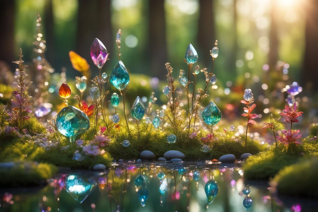 Coloured glass forest, meadow and pond set with gemstones, glittering metal stems and gemstone leaves sharp focus elegant extremely detailed intricate very attractive beautiful dynamic lighting fantastic view crisp quality exquisite detail gems and jewels S<AI in sunshine Weight:1 Professional photography, bokeh, natural lighting, canon lens, shot on dslr 64 megapixels sharp focus Weight:0.9