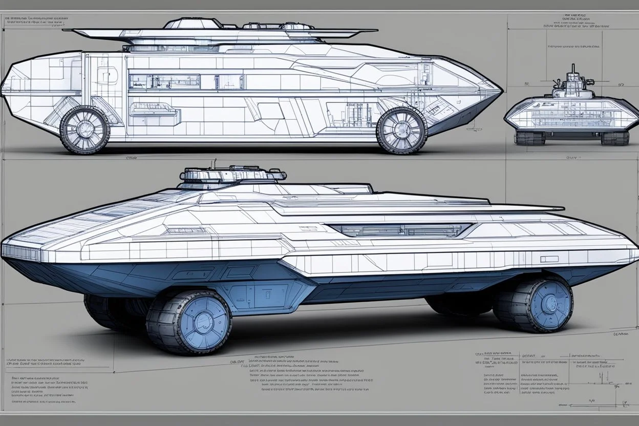 Star Trek [Blueprint and 3D detailed technical view with all specs] Third design for the heavily armed scout marine car with six wheels, in the vein of a patrol vehicle for a base or some such.