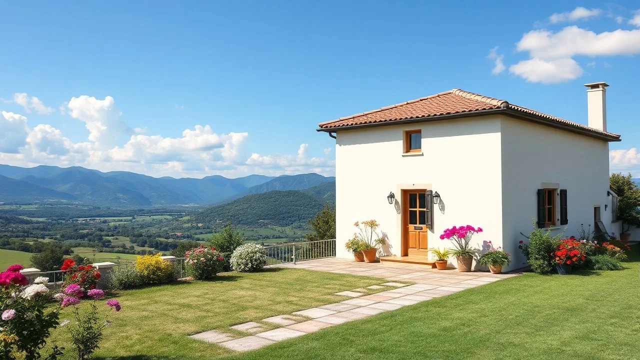 pretty moder villa wide flat tiled yard in country side nice flowers in sides,nice blue mountains at distant,white cloudes in blue sky