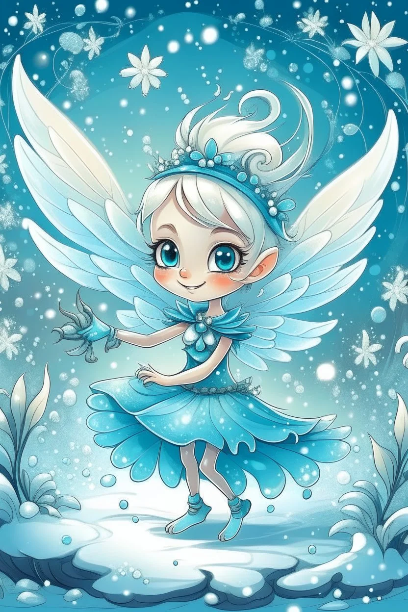 fantasy cartoon style illustration: mischievous snow fairy who sprinkles magic snowflakes