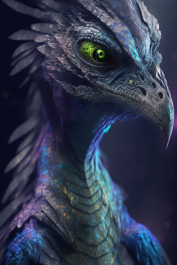 Bird lizard humanoid alien fused ,realistic, intriacte detail, sci-fi fantasy style, volumetric lighting, particales,highly detailed,cinamatic, deep colours