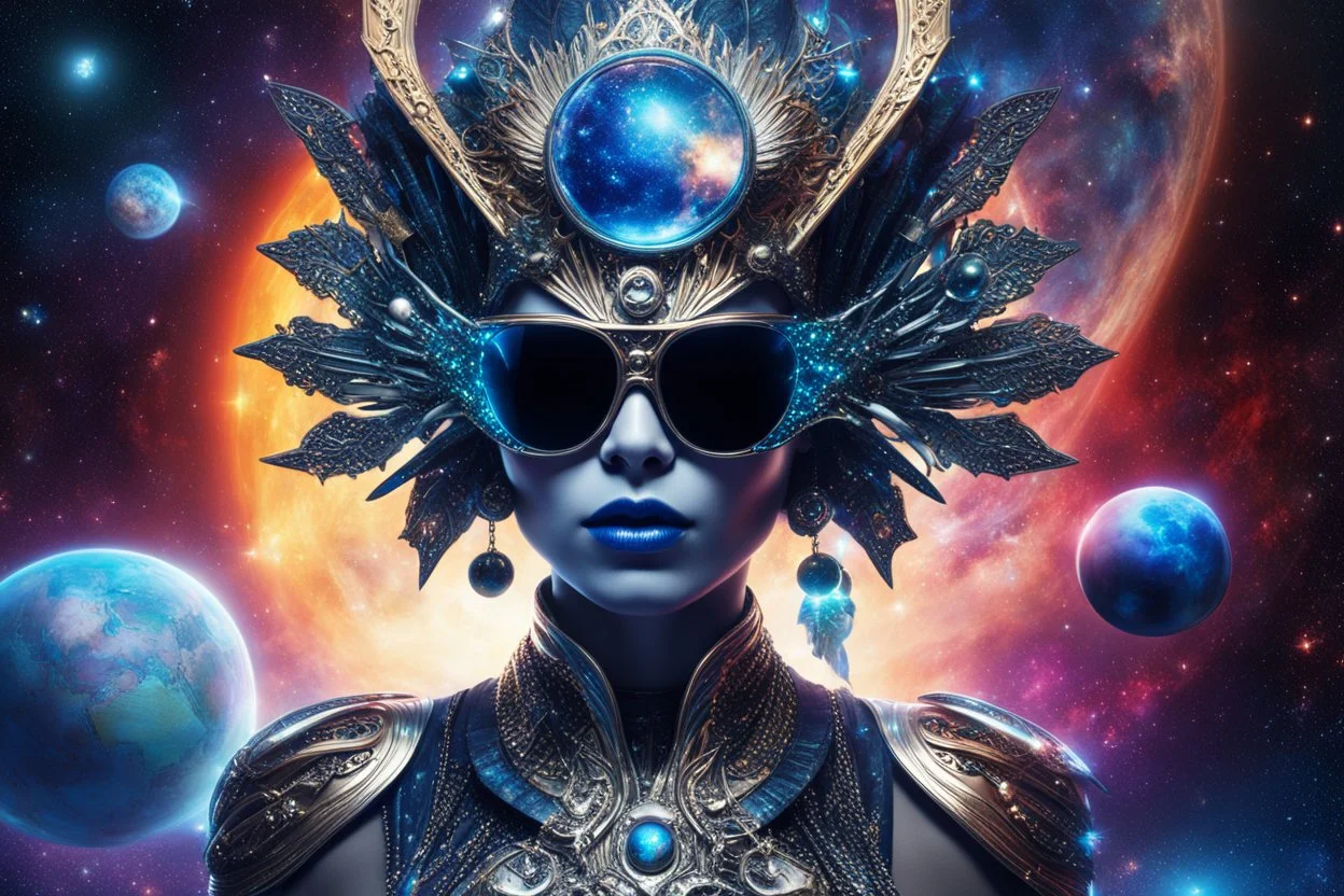 A captivating and vibrant image of an extraterrestrial being, perfectly suited for a futuristic cover. The alien sports a stunning metal headdress, with intricate designs that perfectly match his elegant silver face. Her retro-style oversized sunglasses are adorned with miniature stars and planets, accentuating her otherworldly charm. Against a dark cosmic void, the background displays a fascinating dance of vivid colors, evoking a sense of movement and cosmic energy. Full body