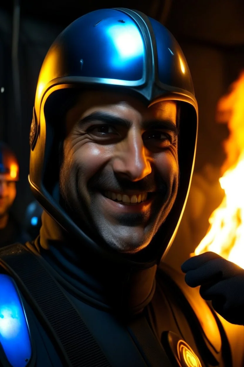 Iranian empire A commander wearing a matte black helmet with flaming eyes with flaming light blue pupils A sporty looking man with a grin on his face while holding Thanos' gloves