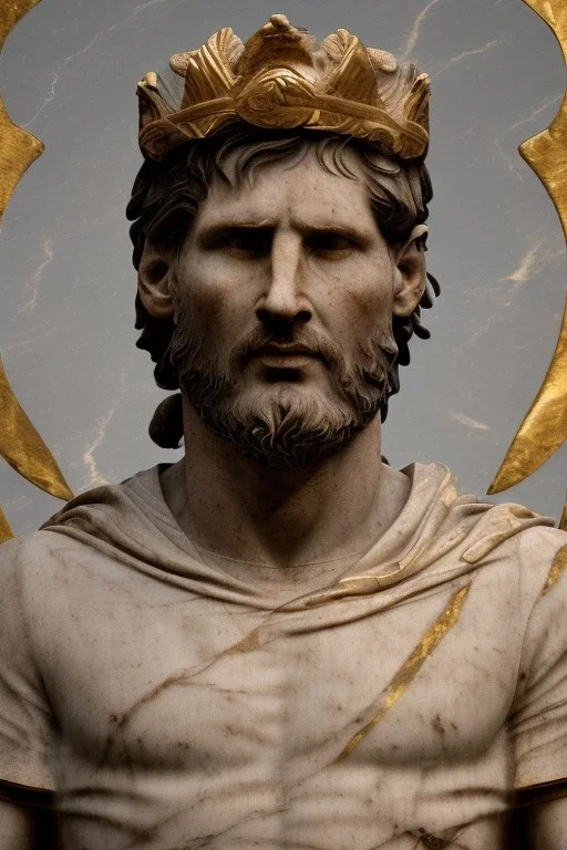 Realistic image, Roman sculpture made in marble with gold veins, Lionel messi, gold laurel leaves crown, waist up portrait,marble material, gold ornaments, Renaissance style, sun rays background, epic, celestial, cinematic lighting, God lights, 4k resolution, smooth details, soft lighting, unreal engine 5, art station, substance 3d.