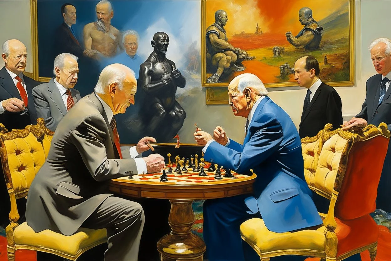 Putin, President Xi Of China And Joe Biden Play Chess With Atomic Bomb Mushroom Cloud,Complex Surgical Instruments Intermixed With A Newborn Boy,Minimalism,Painting By Adrian Ghenie,Rene Magritte,Pablo Picasso,Michelangelo,Salvador Dali,Lucian Freud