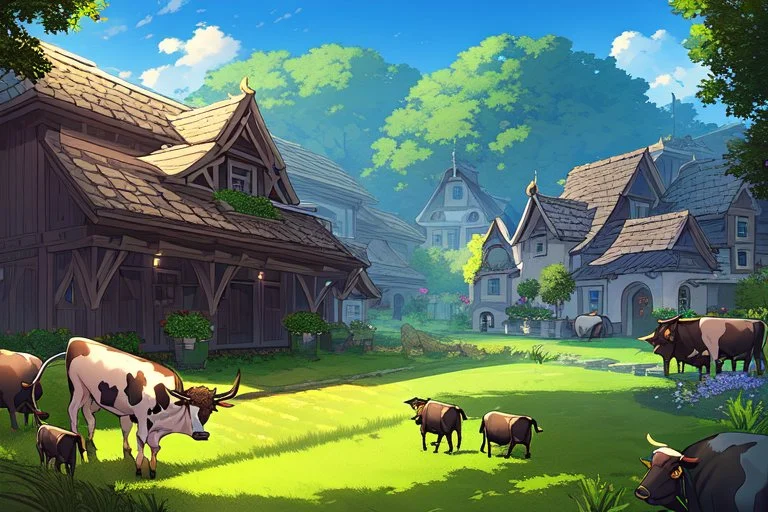 Farm, green grass, house, girl , cow's tail, cow's horne , cow's under