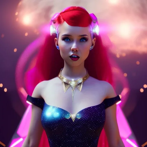 Pretty teenage girl with red hair who is dressed like a space witch casting a spell, girl has stars in her eyes, background is realistic space renditions, wearing a black emo dress, full body portrait, rendered, unity 3d, unreal engine, dslr, hdr, 4k, edited, photorealistic