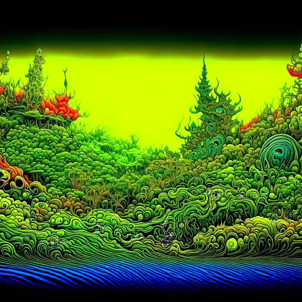 Odd swamp landscape with odd beings surreal abstract Max Ernst style, one-line drawing, 120mm photography, sharp focus, 8k, 3d, very detailed, volumetric light, very colorful, ornate, F/2.8, insanely detailed and intricate, hypermaximalist