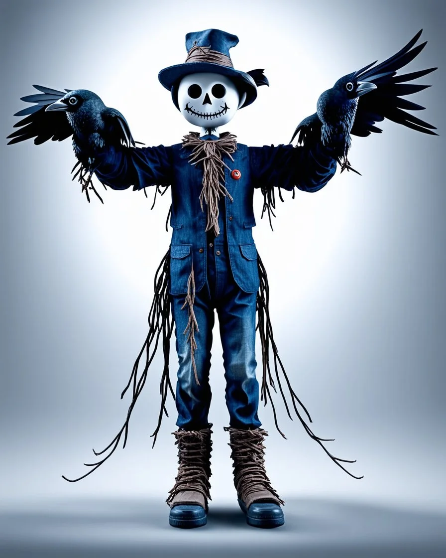 terrifingly cute cyberpunk scarecrow holding a crow, in the style of Android Jones, photography, head to toe, full body shot, white, navy blue grey, very detailed, very clear photo, 3D,