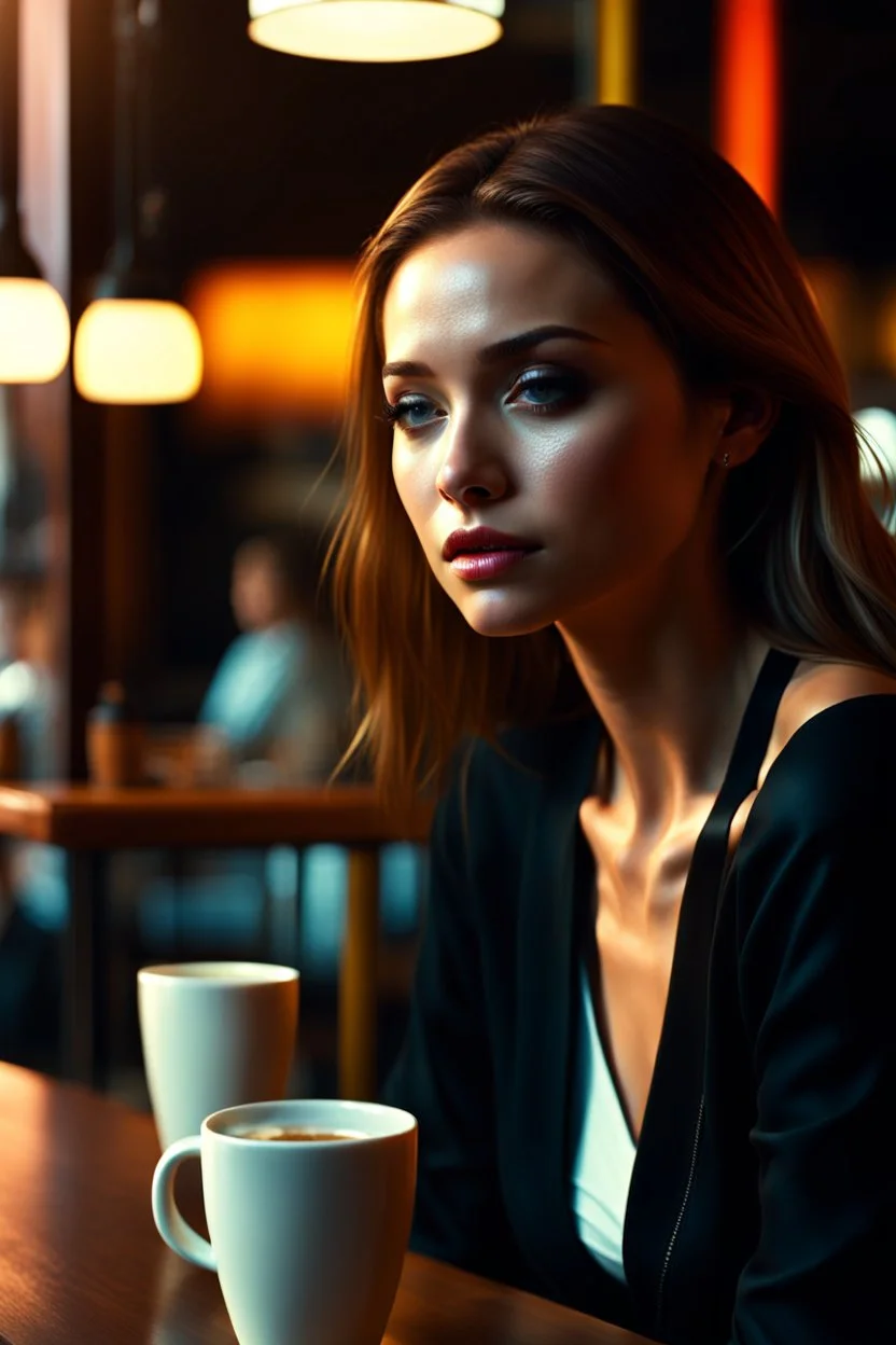 image of a pretty blind young woman sitting in a coffeeshop. 4k. Photorealistic