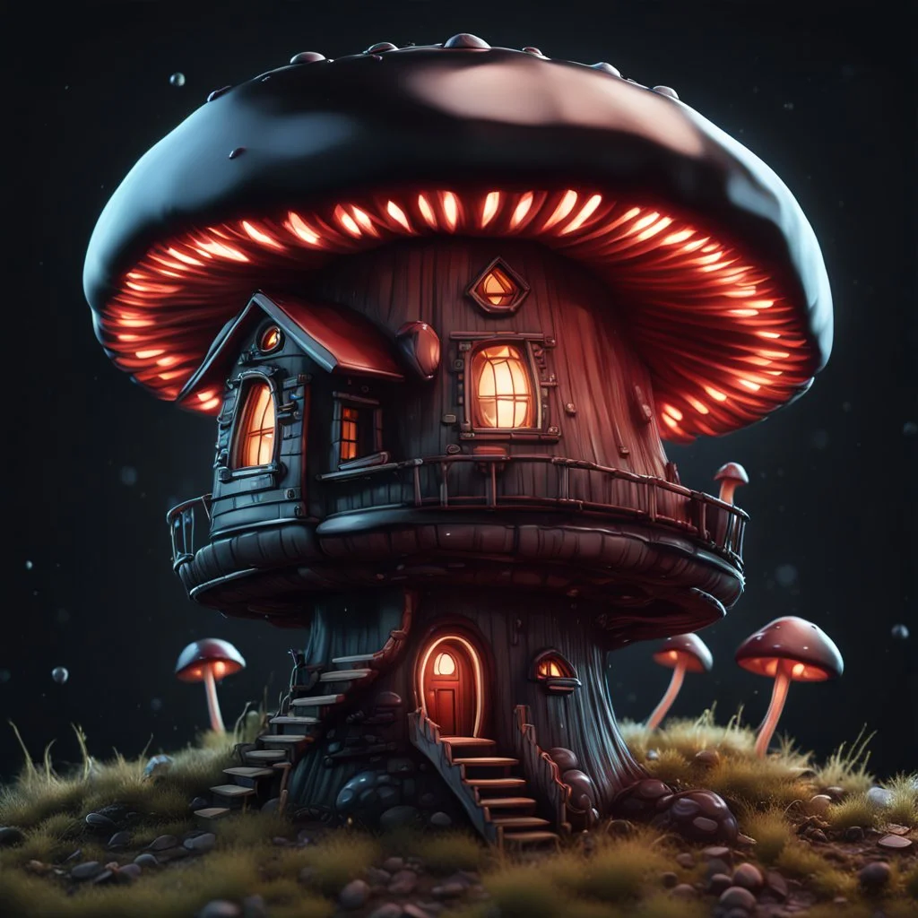 A funny floating mushroom house in space. cold neutral colors, black, Detailed gloss Painting, rich color, fantastical, intricate detail, splash screen, hyperdetailed, insane depth, concept art, 8k resolution, trending on Artstation, Unreal Engine 5, color depth, dynamic lighting, splash art, dramatic, masterpiece, excellent quality beautiful Fun Imaginative, unique, great composition