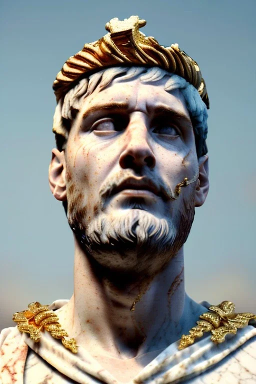 Realistic image, Roman sculpture made in white marble with gold veins, Lionel messi with gold laurel leaves crown, decorative star on the chest, waist up portrait, marble material, gold ornaments, Baroque style, sun rays background, epic, celestial, cinematic lighting, God lights, 4k resolution, smooth details, soft lighting, unreal engine 5, art station, substance 3d.