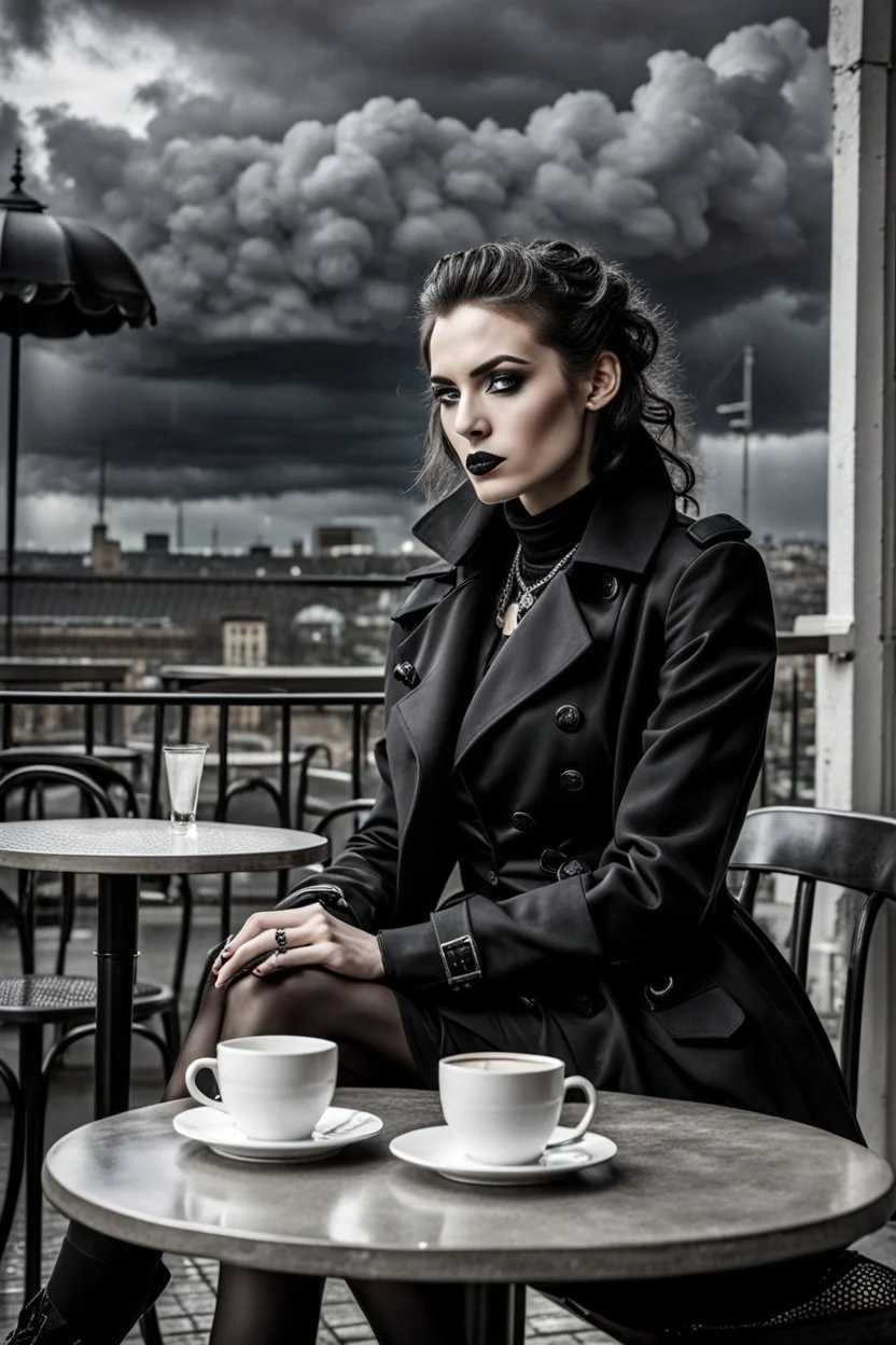 goth fashion model sitting on the coffee shop's teracce. goth black trench coat. Big black clouds on the grey sky, storm with lighting. intense white light. high detalied, sharp focus, perfect shot, professional photo