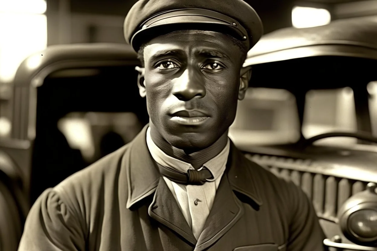 ww1 black driver talking close-up standing up looking to the camera, ww1 garage background