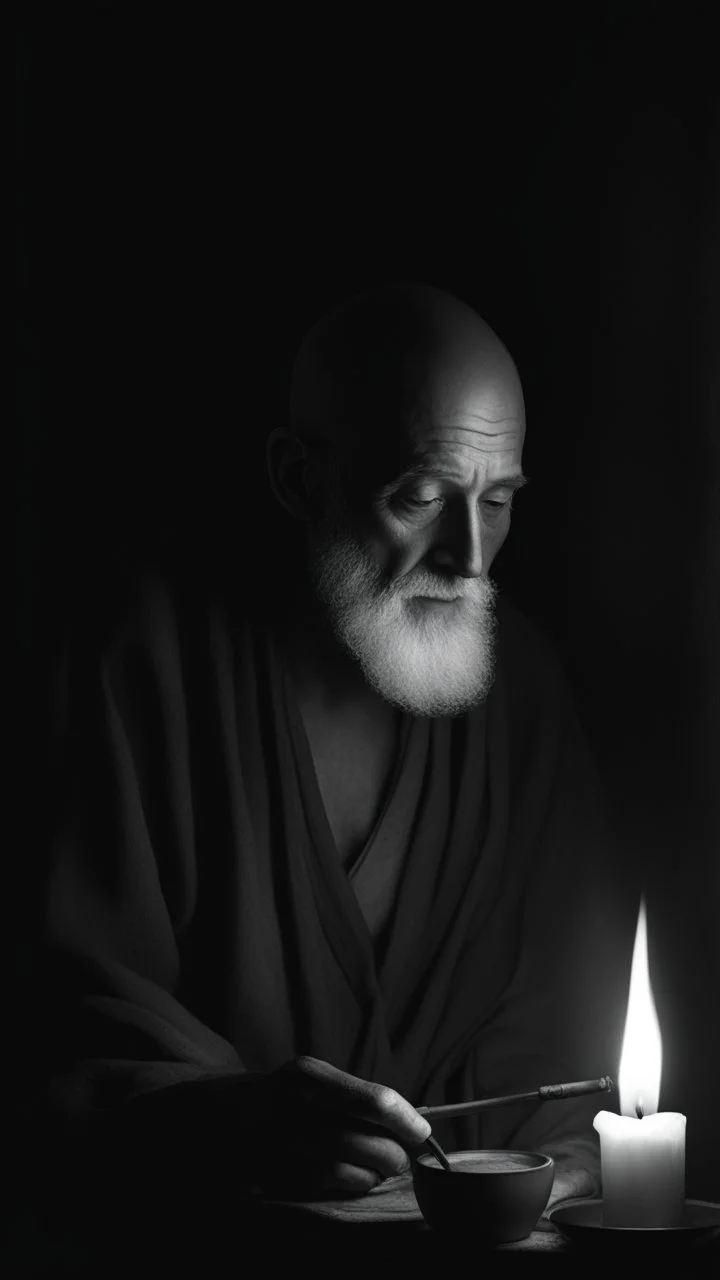 Clay brown colour Bosch style painting for an old man with no hair, No beard or no eyebrows on candle light from the left side in a dark environment black and white , 4k