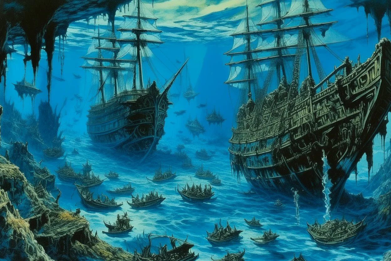 A dark blue underwater abyss with wrecked pirate ships designed in Japanese Oni masks painted by Claude Monet