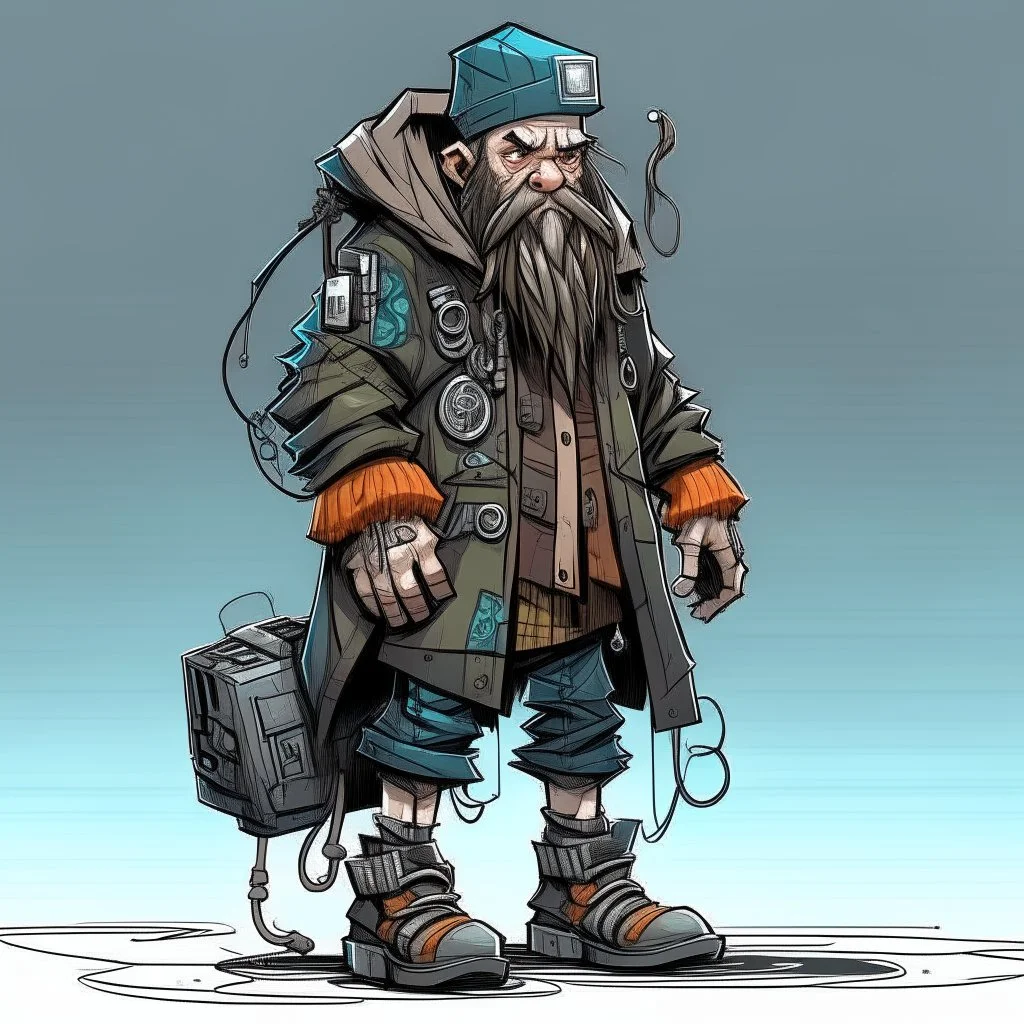 streetpunk vandal cyperpunk dwarf with cybernetic legs, dressed with a coat and beanie