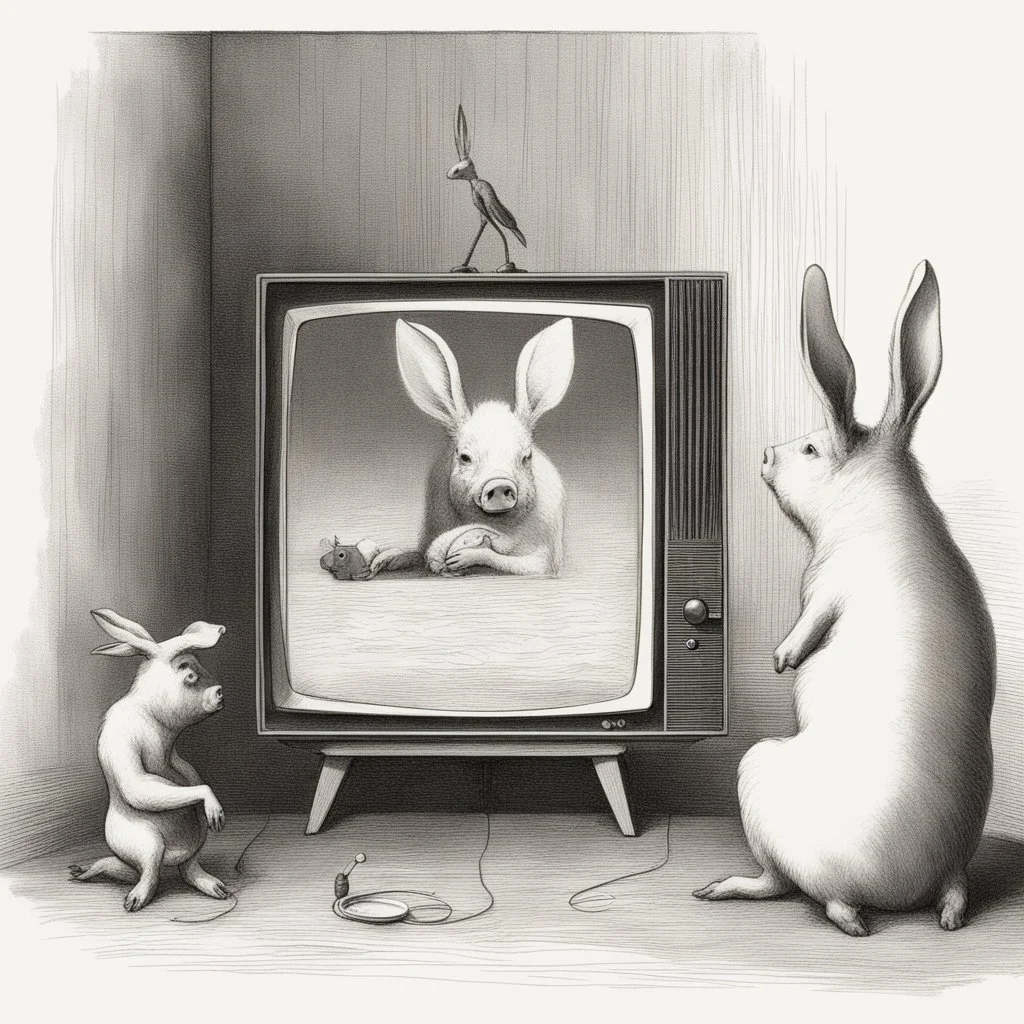 pig watching a tv about video game persona with a rabbit playing music beksinski style