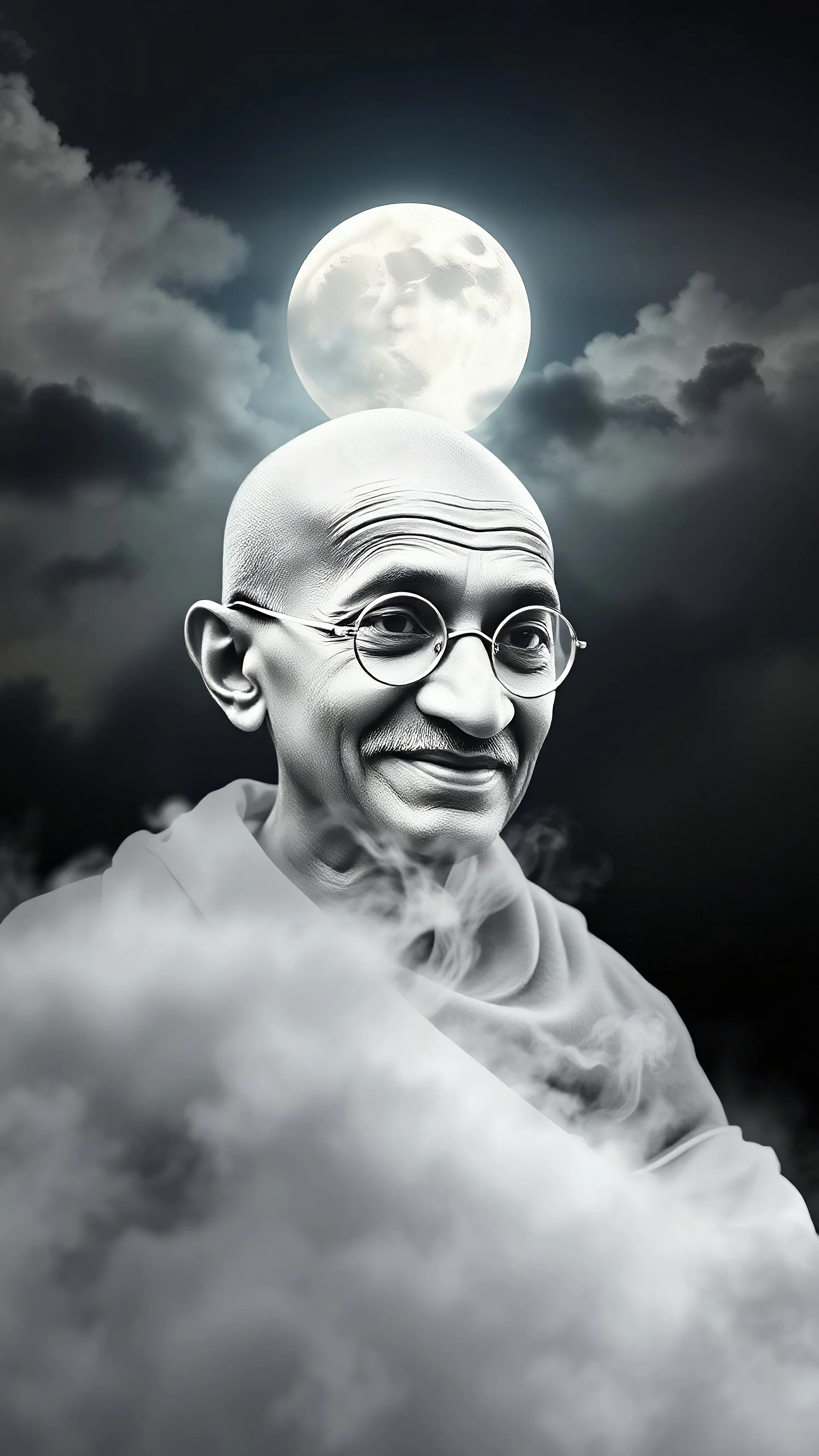 Portrait of Mahatma Gandhi , all white form formed from white smoke all background, full moon and smoke clouds stormy weather