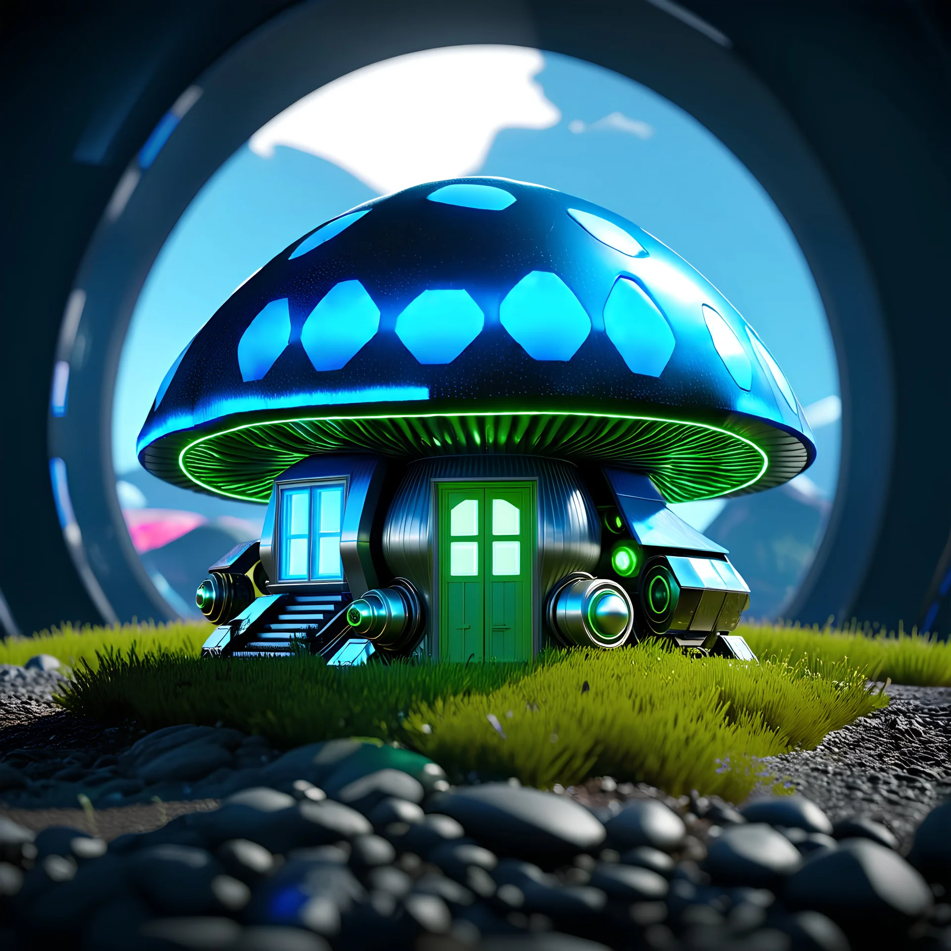 ""Futuristic blue, green, and silver mushroom house" "intricate mech details, ground level shot, 8K resolution, Cinema 4D, Behance HD, polished metal, Unreal Engine 5, rendered in Blender, sci-fi, futuristic, trending on Artstation, epic, cinematic space space background, dramatic, atmospheric"