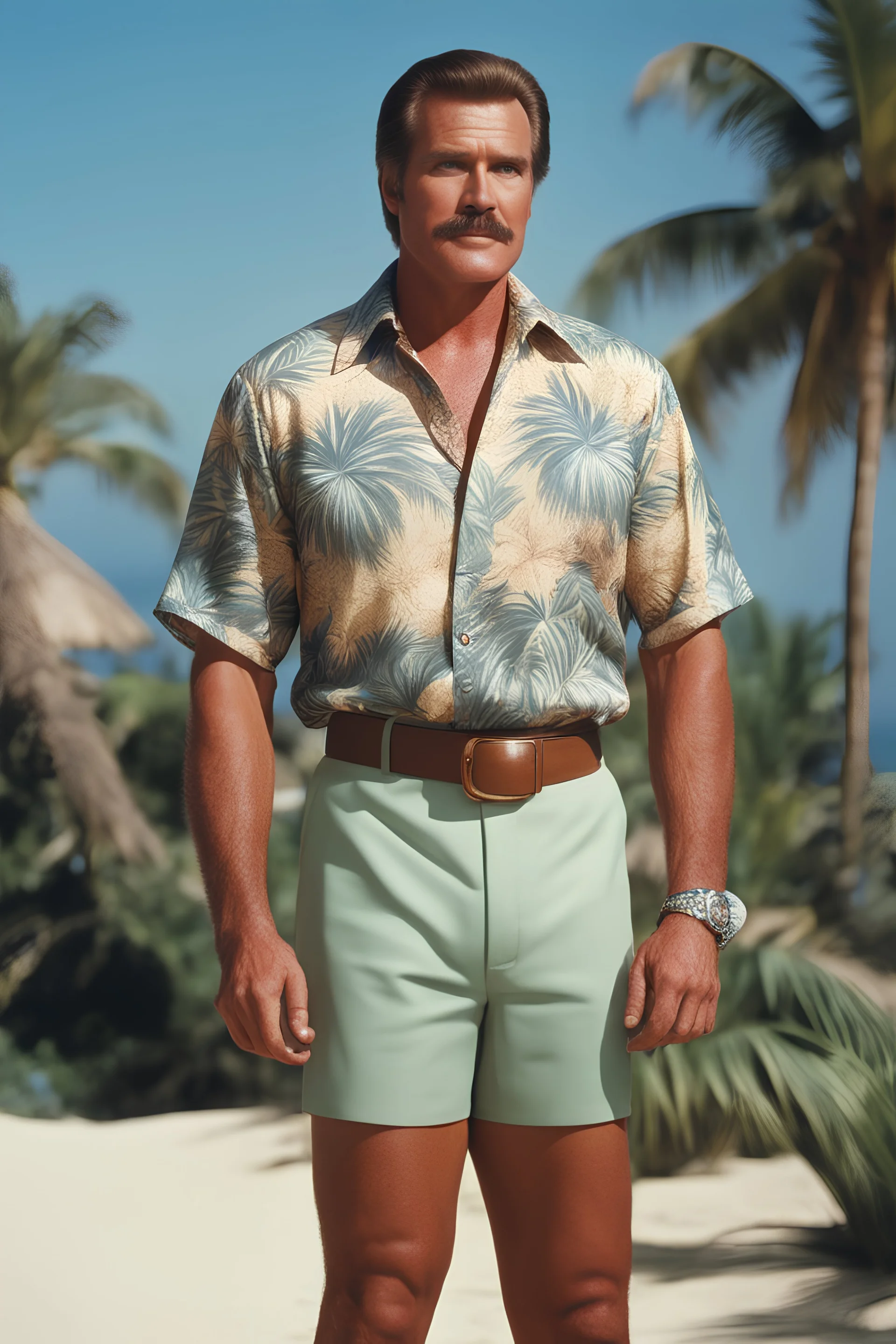 Lee Majors/George Reeves with medium length bob-styled brown hair, a mustache, wearing a Hawaiian shirt and Bermuda shorts- well-lit, UHD, 1080p, professional quality, 35mm photograph by Scott Kendall